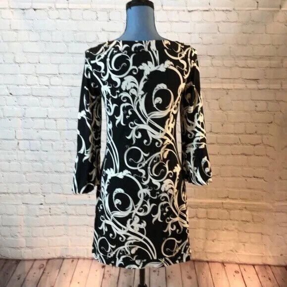 WHBM White House Black Market Print Dress Long Lantern Sleeves XS - Picture 3 of 5